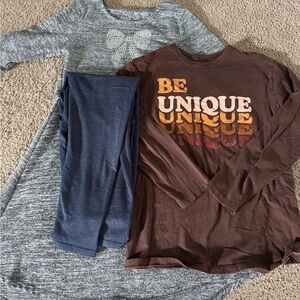 10/12 Brown Graphic Tee and Gray Dress with Blue Leggings
